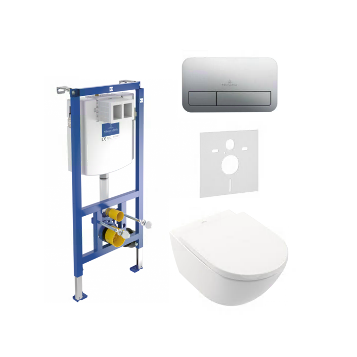 Potinkamā WC rāmja (4 in 1 pulēts hroms) komplektā ir tualetes pods villeroy & BOCH Subway 3.0 Twist flush ar lēni aizveramu vāk