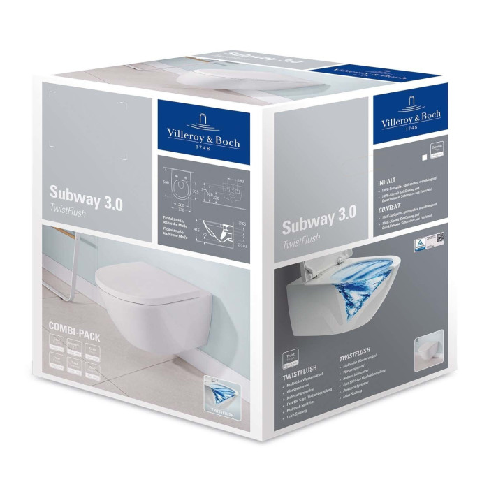 Potinkamā WC rāmja (4 in 1 pulēts hroms) komplektā ir tualetes pods villeroy & BOCH Subway 3.0 Twist flush ar lēni aizveramu vāk