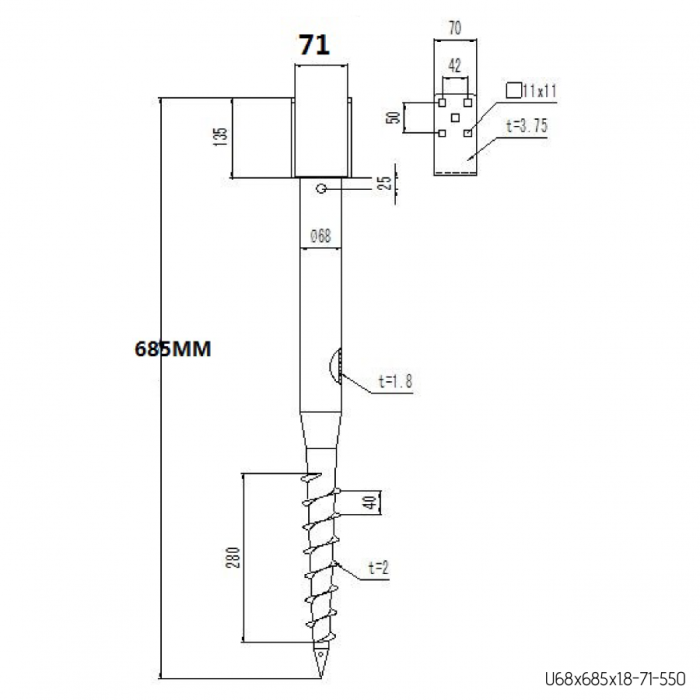 Screw-in pole with plate U70 (100) x 685 mm