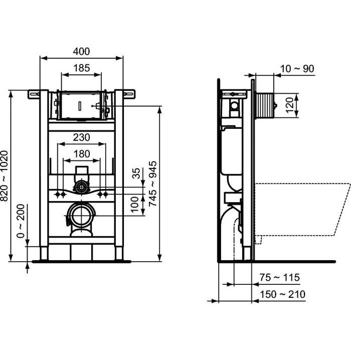 Подвесной унитазный каркас IDEAL STANDARD ProSys 82 см (2 в 1), R009067