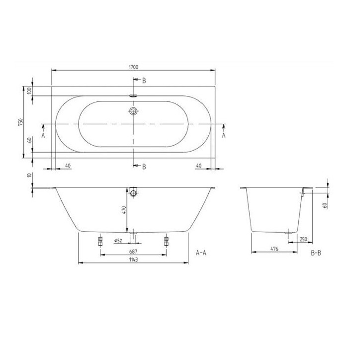 Taisnstūra vanna VILLEROY & BOSH Oberon 2.0 no Quaryl materiāla 750 x 1700 mm