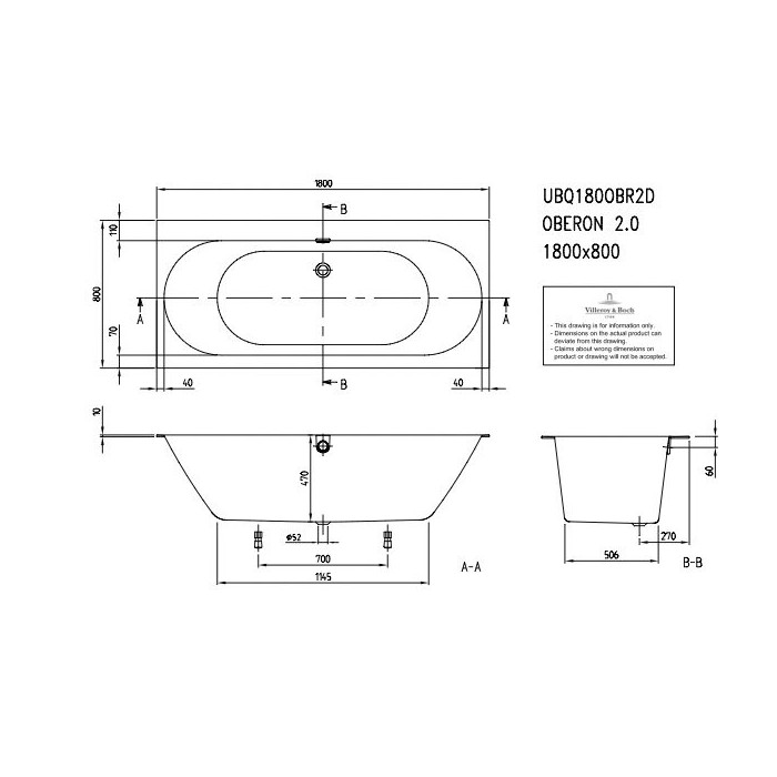 Rectangular bathtub VILLEROY & BOSH Oberon 2.0 made of Quaryl material 800 x 1800 mm
