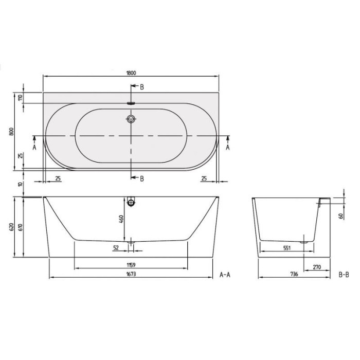 Rectangular bathtub against the wall VILLEROY & BOCH Oberon 2.0 made of Quaryl material 800 x 1800 mm