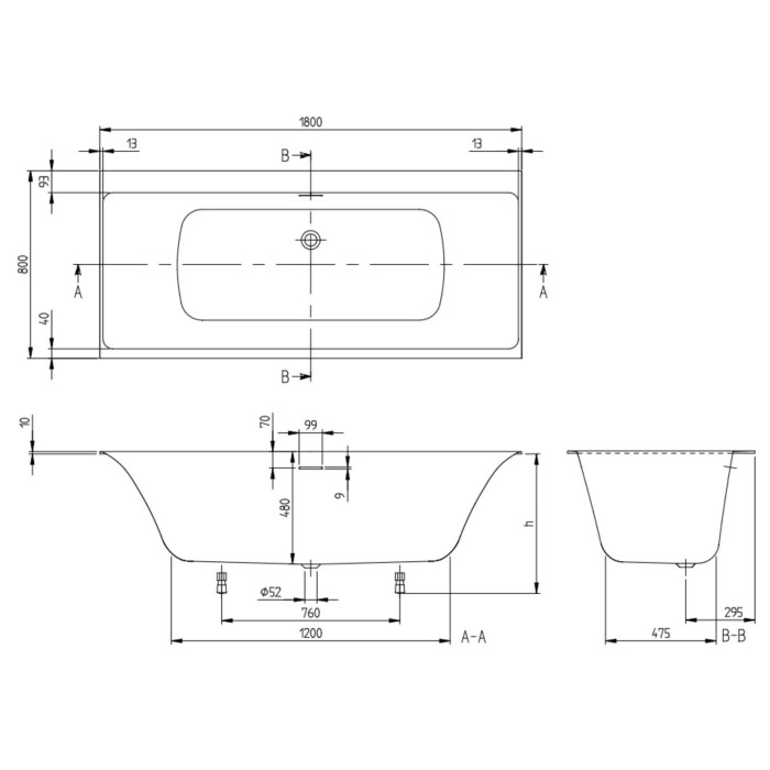 Rectangular bathtub with a silent siphon VILLEROY & BOSH Subway 3.0 made of Quaryl material 800 x 1800 mm