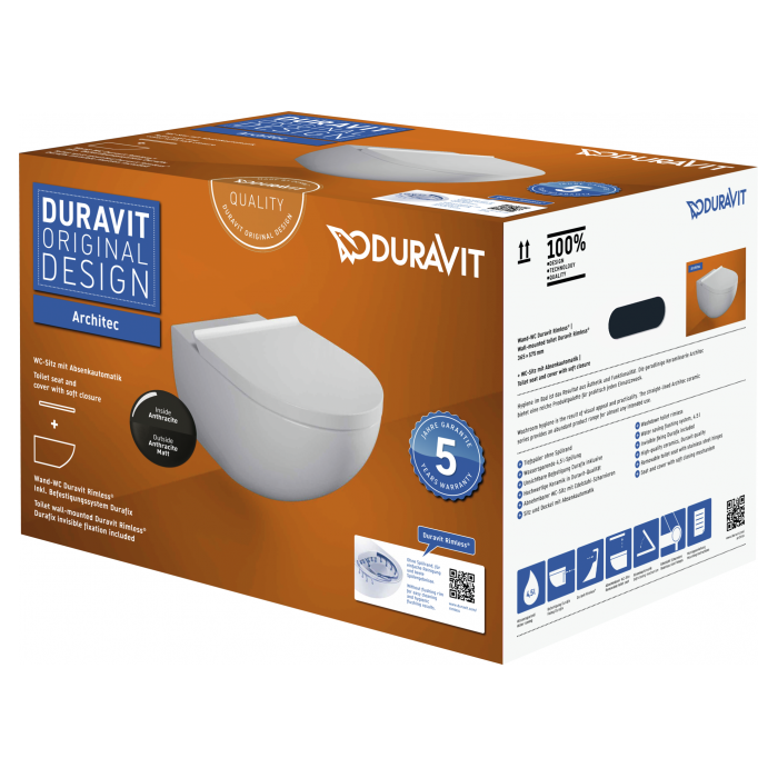 Hanging toilet DURAVIT Architec Rimless with Soft close lid, 45726989A1
