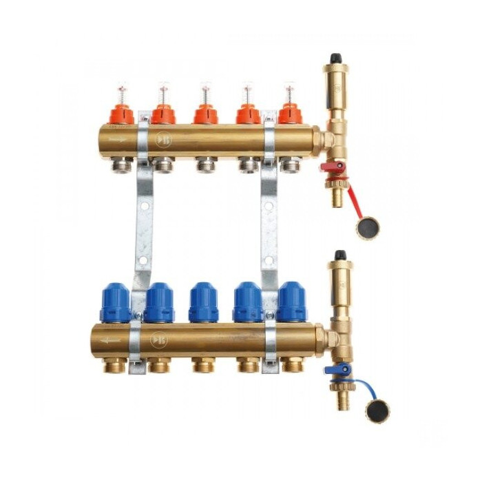 Adjustable floor heating brass collector IVAR 6 circuits with flow meters (with automatic air vents)