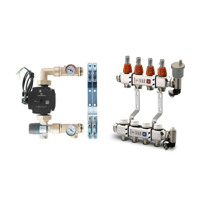 IVAR adjustable underfloor heating manifold with 11 circuits and flow meters, complete with a mixing unit.