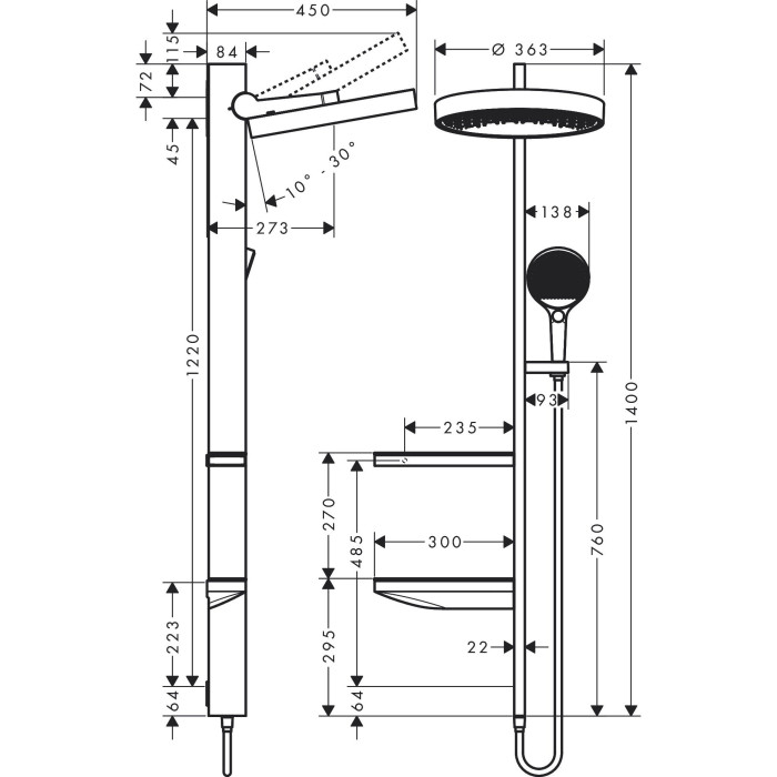 Built-in thermostatic shower 4 in 1 set HANSGROHE Rainfinity Showerpipe 360 1jet, Matt White