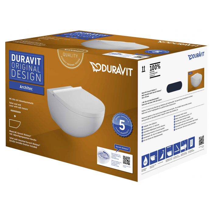 Подвесной унитаз DURAVIT Architec Rimless с крышкой Soft close, 45726900A1