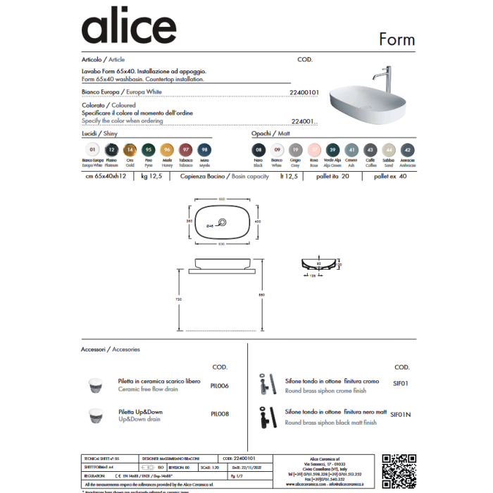 Countertop sink ALICE CERAMICA Form 650 x 400 mm (color options)