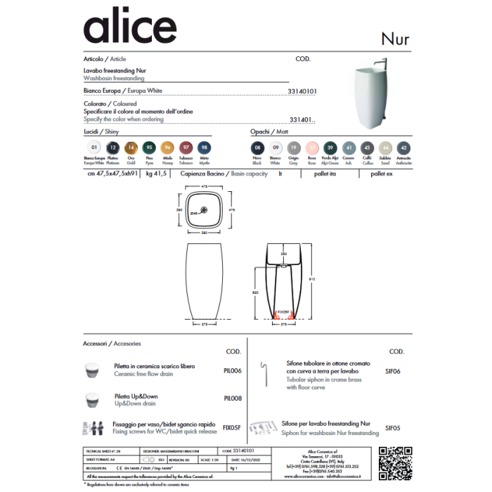 Brīvi stāvošs izlietne ALICE CERAMICA Nur (putnu izvēle)