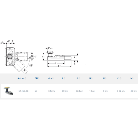 Lower part for shower channel GEBERIT Cleanline DN 50 - H 90-220 mm, 154.150.00.1