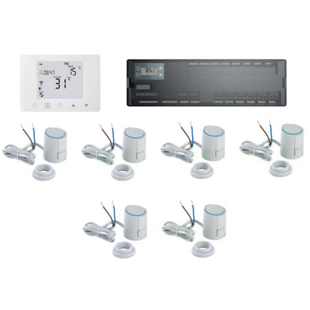 Wi-Fi wireless underfloor heating control kits with a surface-mounted white room thermostat