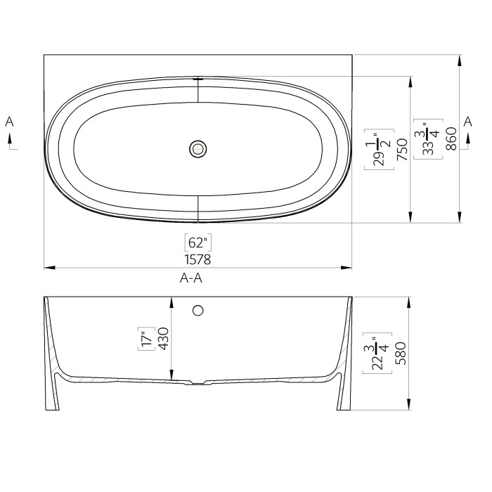 Akmens masas vanna pie sienas MEPA Aura 1578 x 860 mm