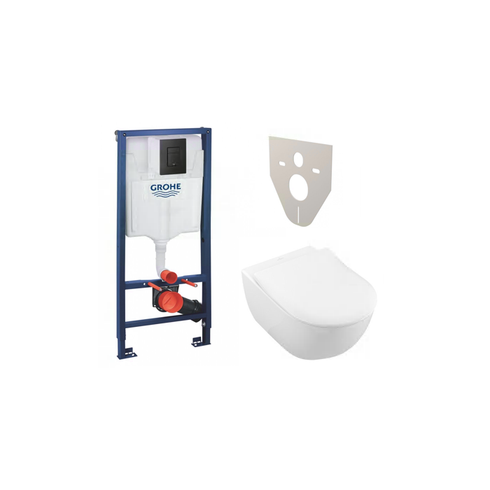 Potinkņa WC rāmja GROHE Solido ar melno pogu Even + VILLEROY & BOCH Subway 2.0 piekārti tualetes komplekti (6 in 1)