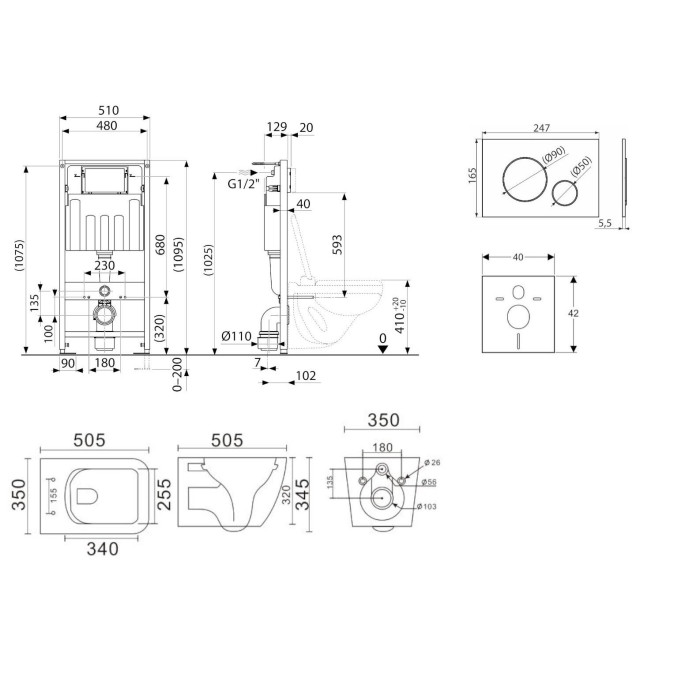 Potinkamais universālais tualeta (WC) rāmja komplekts EU (4 in 1) + piekārtais tualets EU Square Rimless ar plānu Soft Close vāk
