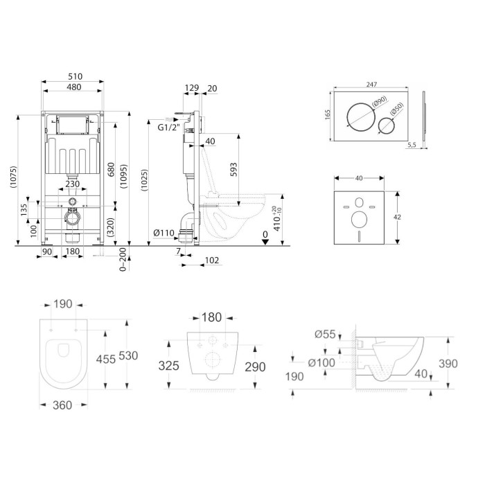 Built-in universal toilet (WC) frame sets EU (4 in 1) + wall-mounted toilet EU Round W2 Rimless with slim Soft Close seat