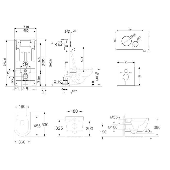 Built-in universal toilet (WC) frame sets EU (4 in 1) + wall-mounted toilet EU Round W3 Rimless with slim Soft Close seat