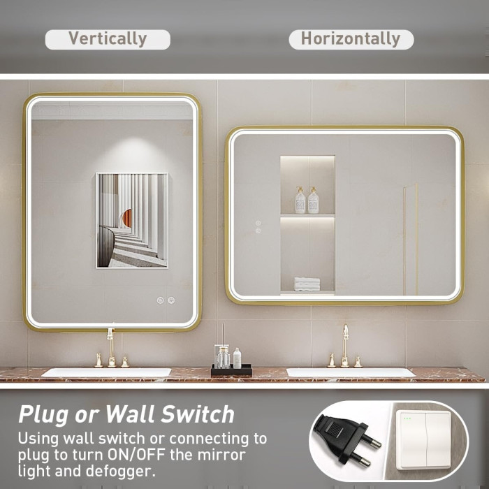 Mirror with LED lighting 60 x 80 cm with a brushed gold frame