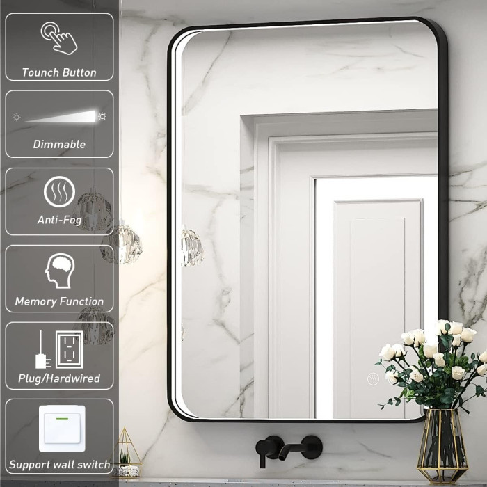 Mirror with LED lighting 60 x 80 cm with black-matte frame