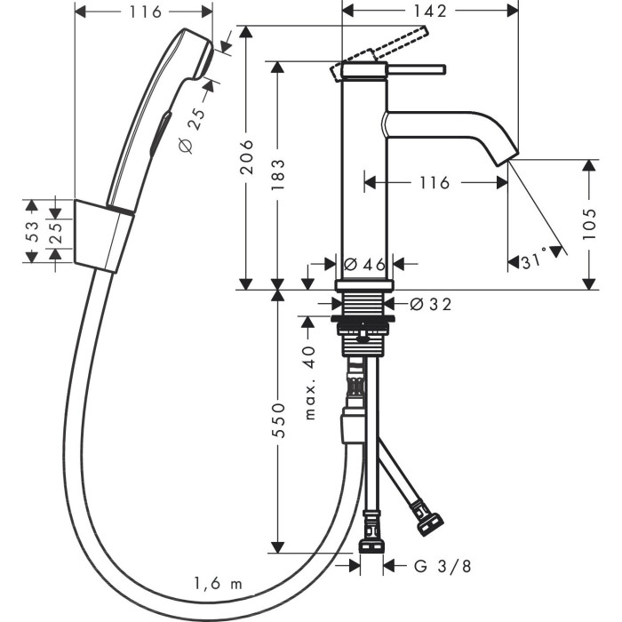 Izlietnes maisītājs ar rokas dušu HANSGROHE Tecturis S, 73211670
