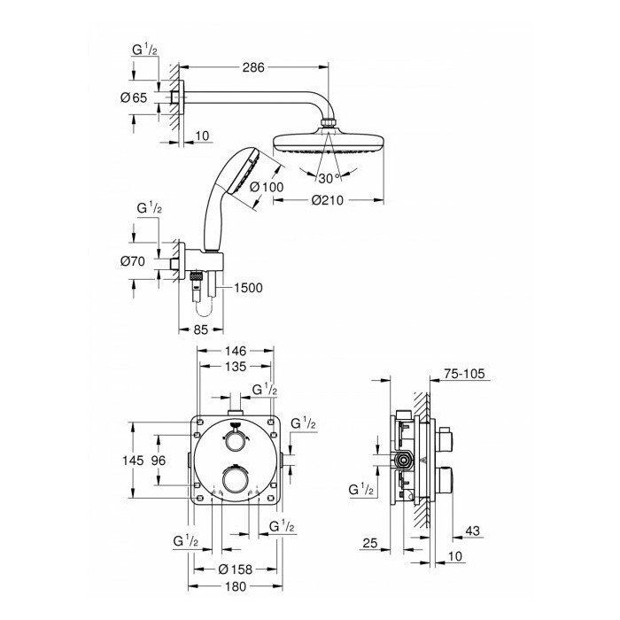Встраиваемый душевой комплект GROHE Grohtherm Tempesta 210