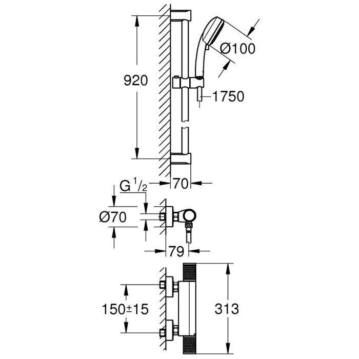 Термостатический смеситель для душа 92 см GROHE Grohtherm 1000 Performance, 34835000