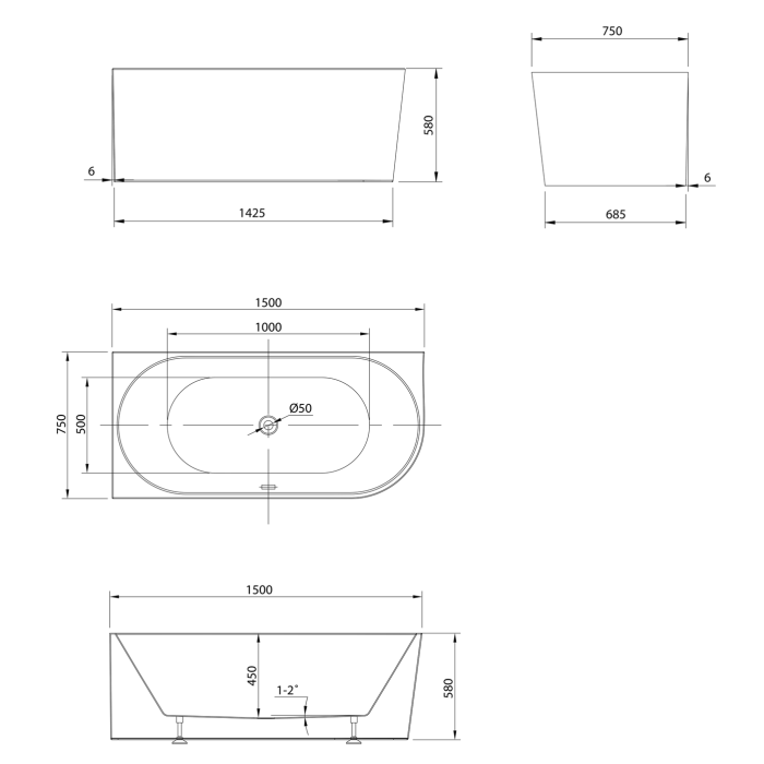 Acrylic freestanding bathtub AQUALINE Tibera L 150 x 75 cm, left E1046