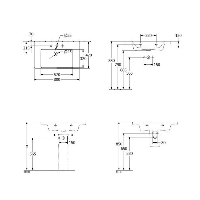 Izlietne VILLEROY & BOCH Subway 3.0 ar pārplūdi, 800 x 470 mm