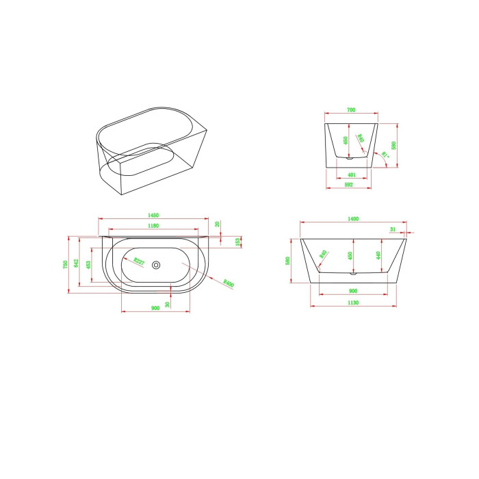 Acrylic bathtub MEPA Free Slim C, 140 x 75 cm