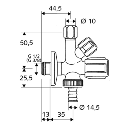 Corner combined valve SCHELL Comfort 1/2" x 3/4" x 3/8"