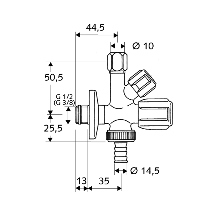 Угловой комбинированный вентиль SCHELL Comfort 1/2" x 3/4" x 3/8"