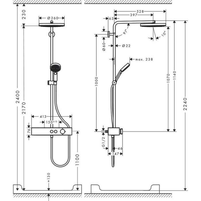Termostatiska dušas sistēma HANSGROHE Pulsify S 260 1jet, 24220140
