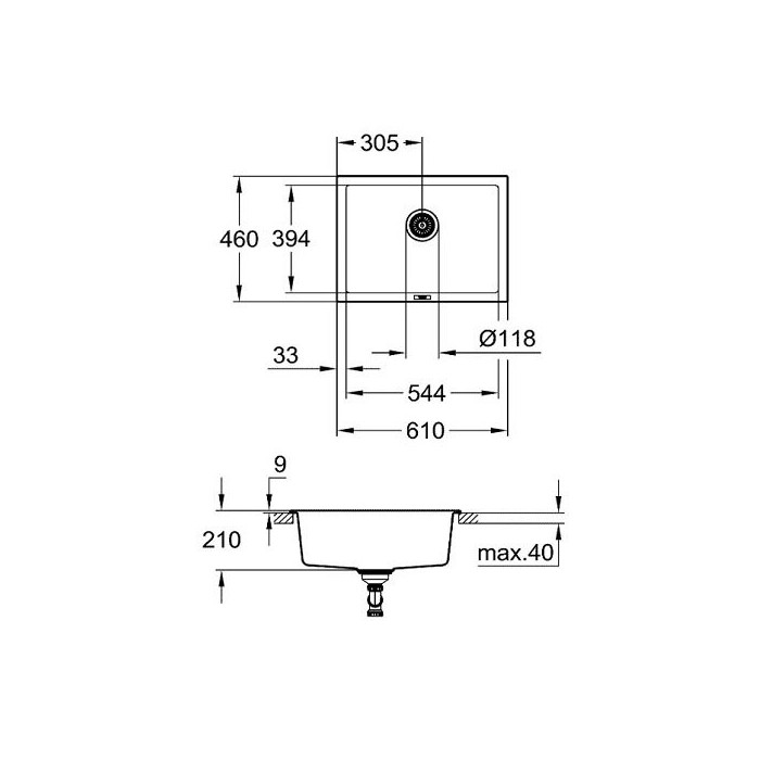 Kompozītmateriālu izlietne GROHE K700U 610x460 mm granīta melnā, 31655AP0