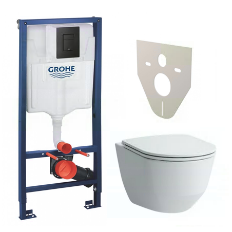 Potinkinis WC rāmis GROHE Solido ar melnu pogu Even, blīve ar stiprinājumiem (4 in 1) + LAUFEN Rimless piekārtais vienība s
