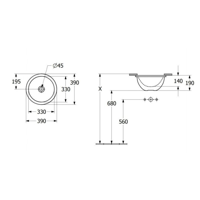 The sink VILLEROY & BOSH Loop & Friends 390 mm is installed under the countertop.