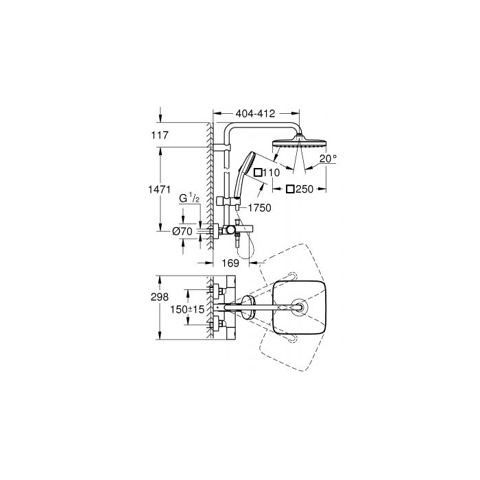 Термостатическая душевая система с изливом для ванны GROHE Vitalio Comfort 250, 269842431