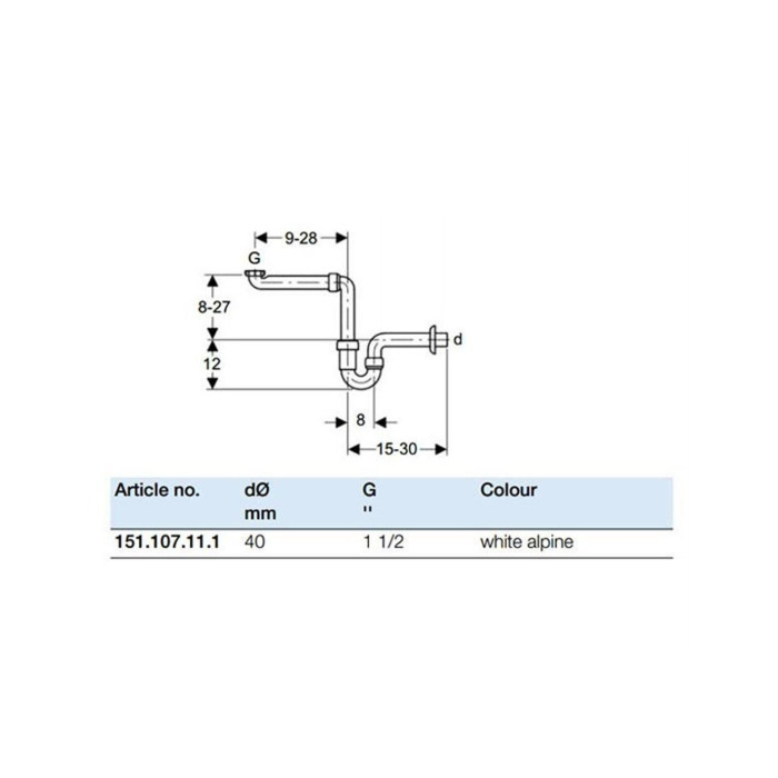 Space-saving sink siphon GEBERIT 1 1/4"" (1 1/2") x 40 mm, 151107111