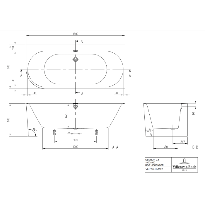 Corner bathtub VILLEROY & BOSH Oberon 2.1 Quaryl 180 x 80 cm, UBQ180OBN9CR00VD01