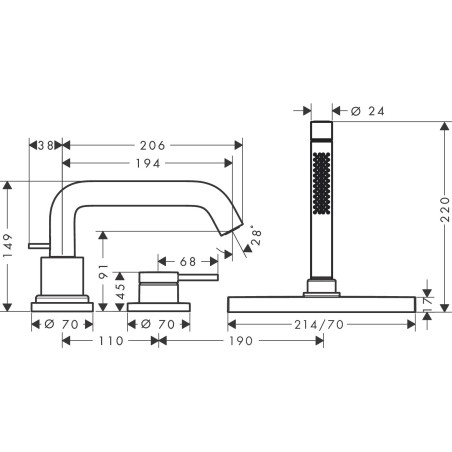 3-х компонентный смеситель для ванной HANSGROHE Tecturis S, 73447000