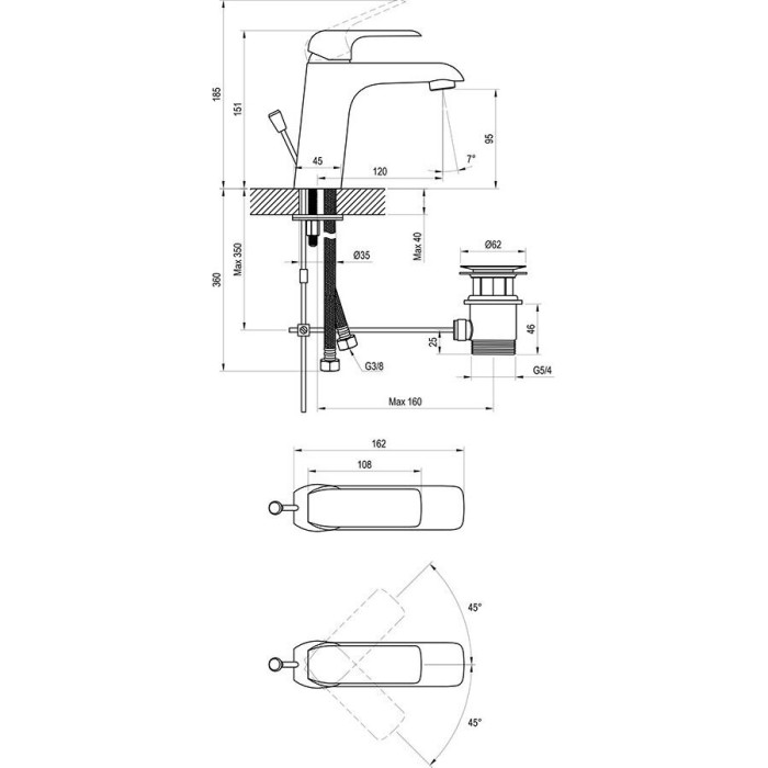 RAVAK Flat sink mixer with bottom valve, X070172