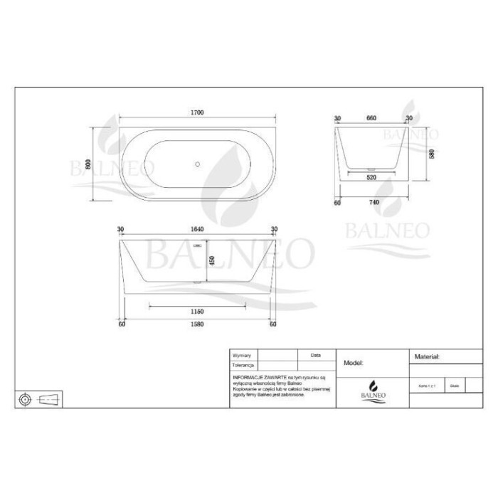 Acrylic freestanding bathtub BALNEO Viva, 170 x 80 cm, J0101010102-3