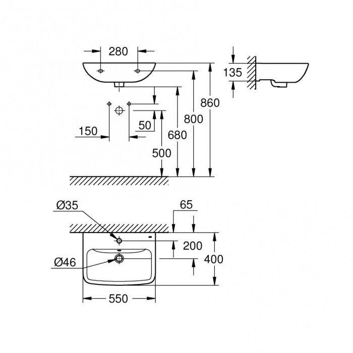 Умывальник GROHE Start Edge Ceramic 55x40 см с переливом, 39949000