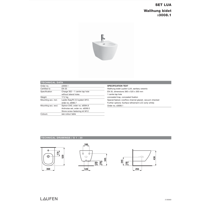 Piekaramais bidē LAUFEN Lua LCC pārklājums, H8300814003021