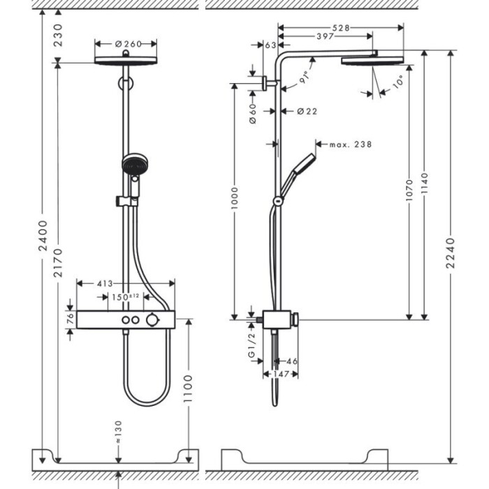 Termostatiska dušas sistēma HANSGROHE Pulsify S 260 1jet EcoSmart, 24221140