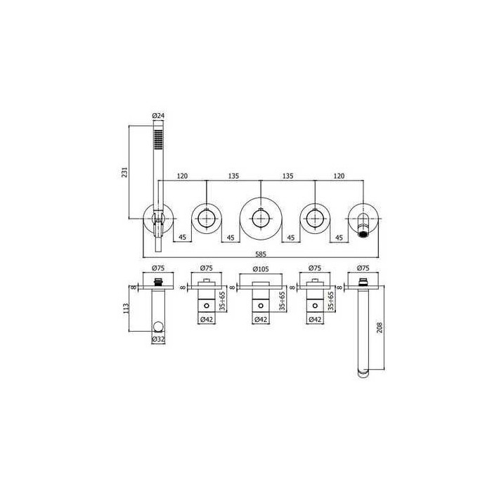 Built-in thermostatic bath mixer with a handheld shower from the built-in part PAFFONI Modular Box, MDBOX001+MDE001NO