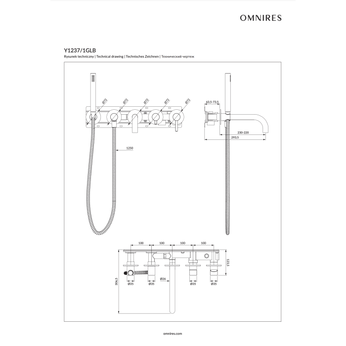 Iebūvēts 5 daļu vannas jaucēja komplekts OMNIRES Y, izlieces garums 22-23 cm, Y1237/1GLB