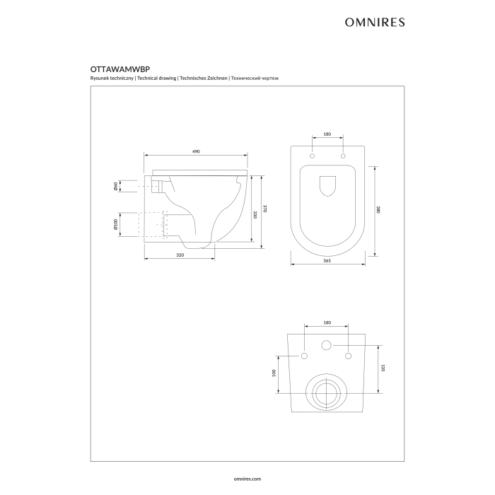 Pakabināms tualetes pods OMNIRES Ottawa Compact Rimless ar mīksto aizvēršanas vāku, OTTAWAMWBP
