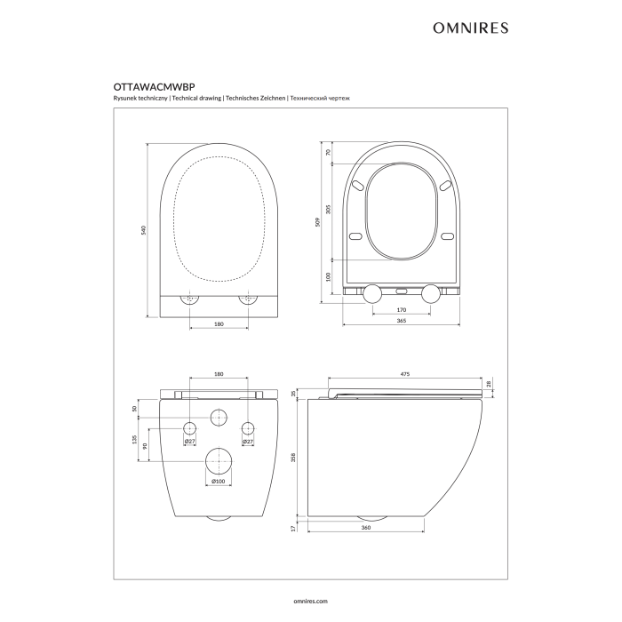 Pakarināms tualetes pods OMNIRES Ottawa Comfort Rimless ar mīksto aizvēršanas vāku, OTTAWACMWBP