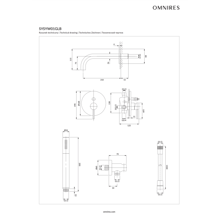 Built-in bath-shower mixer set OMNIRES Y, spout length 21 cm, SYSYW01NI